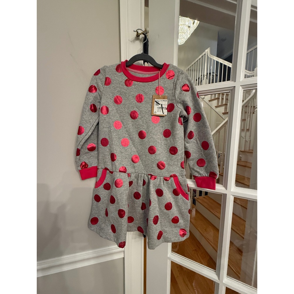 Mini Boden Girls Gray Pink Metallic Foil Polka Dot Sweatshirt Dress 6-7Y NWT